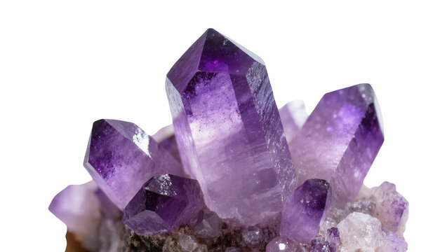 Isolated vibrant purple amethyst crystal cluster with raw rock base, natural mineral specimen