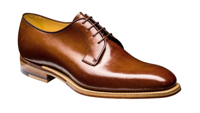 Isolated polished brown leather men's dress shoe with laces for formal business fashion.
