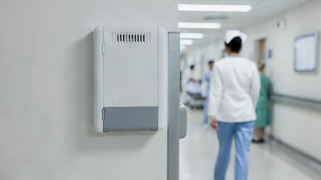 Inside a hospital corridor a medium shot focuses on a distributed antenna system panel with defocused medical staff and patients moving around.
