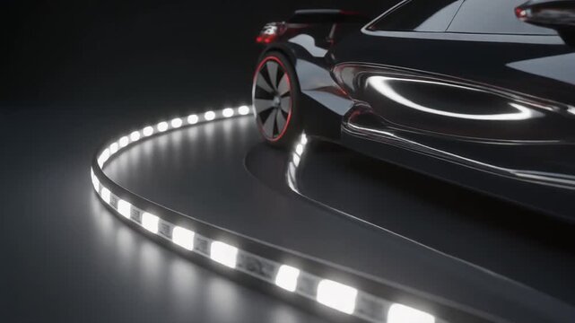 暗いスタジオで徐々に点灯する未来的なスポーツカーのLEDストリップのクローズアップ