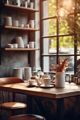 Fototapeta premium A table adorned with cups and saucers placed in front of a window. This image can be used to depict a cozy tea or coffee time setting..