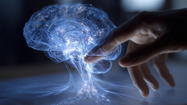 Finger touching glowing holographic brain interface, neural pathways illuminate in response, gentle contact suggests neurofeedback session, calm clinical environment, emphasis on healing, wellbeing