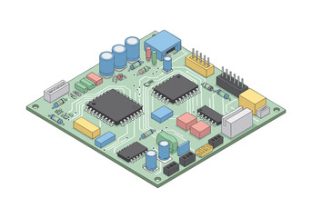 Obraz premium Isometric view of a complex electronic circuit board with various components and intricate pathways