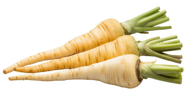 Isolated fresh parsnips with vibrant green tops arranged diagonally, delicious root vegetables.