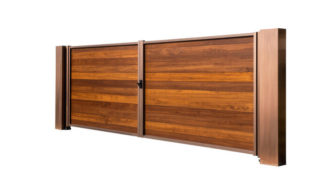 Isolated modern wooden gate with two panels and a sleek metal frame for property entrance
