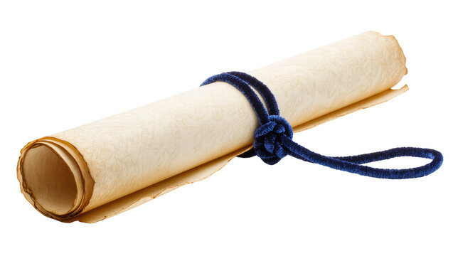 Isolated old rolled parchment scroll, antique document or treasure map tied with blue velvet ribbon