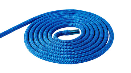 Isolated vibrant blue utility cord or rope meticulously coiled in a tight spiral. © Hannah
