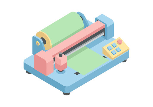 Modern flat design illustration of a vinyl cutting machine with a roll of material