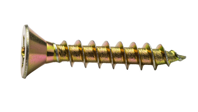 Isolated shiny golden yellow metal screw with countersunk head and Phillips drive hardware object.