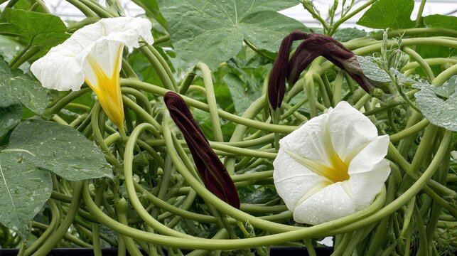 Double-helix sweet potato vine blooming with unexpected floral hybrids, symbolizing genetic wonder.