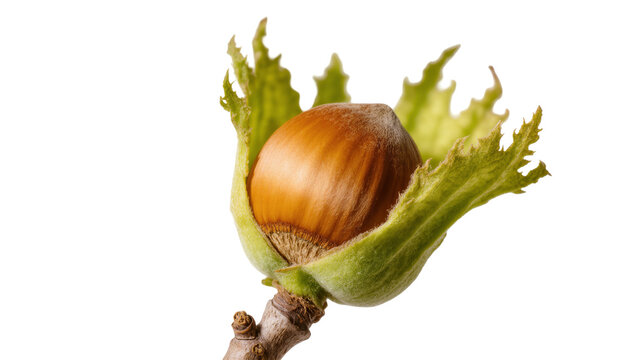 Isolated natural fresh organic hazelnut fruit with green leafy husk on a small twig
