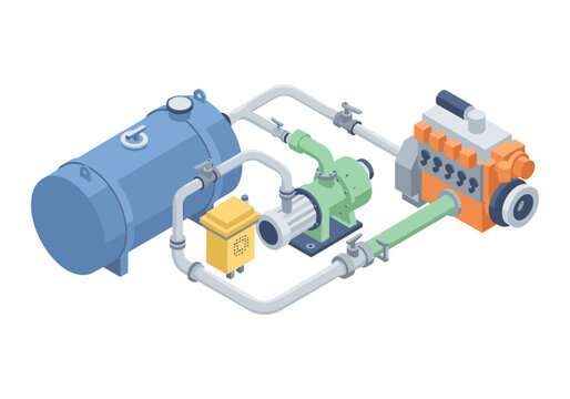 Isometric illustration of a fluid system with a pump, engine, and tank