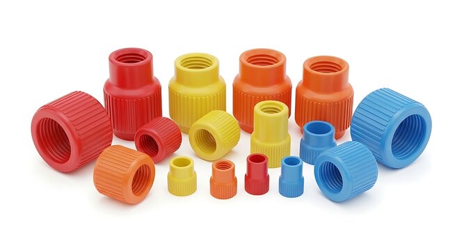 Collection of assorted colorful plastic pipe fittings and connectors in various shapes and sizes