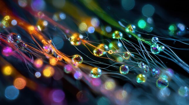 Microfluidic channels with iridescent droplets flowing, neon colors dancing across glass, filamentous pathways carrying suspended beads, soft bokeh highlights, reflective surfaces and luminescent