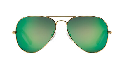 Isolated classic green aviator sunglasses with gold metallic frame and reflective lenses © Hannah