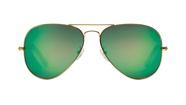 Isolated classic green aviator sunglasses with gold metallic frame and reflective lenses