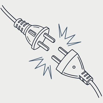 Two electrical plugs disconnected with sparks flying between them symbolizing connection failure lack of communication network error or disconnection problems in technology systems