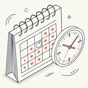Time management and appointment scheduling illustration featuring a large desktop spiral calendar with a clock face and motion lines for urgency