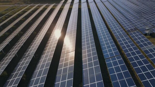真昼の強い日差しの下で幾何学模様を描く巨大なメガソーラー発電所の空撮