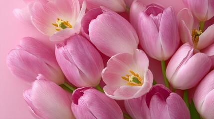 Fototapeta premium Delicate pink tulips bloom softly against a pastel pink backdrop. Petals glisten with dew, showing intricate yellow centers. Each flower curves gently, creating a romantic, serene atmosphere