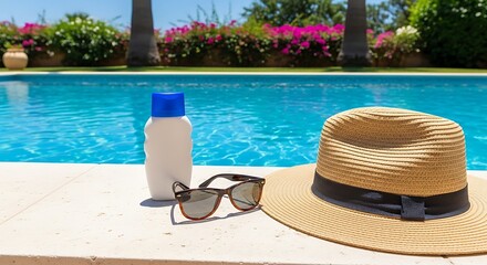 Obraz premium Sunglasses and straw hat next to sunscreen bottle on poolside edge, sparkling blue water reflection, bright sunny day, luxury vacation concept.
