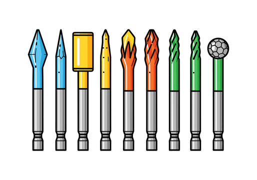 Collection of various drill bits and rotary tool bits in different shapes and colors