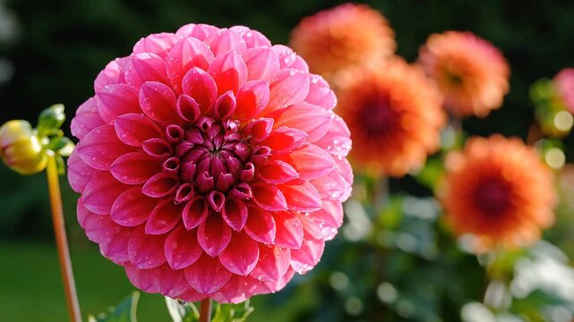 A close-up view of a vibrant pink dahlia flower with water droplets on its petals, set against a blurred background of orange dahlias.
