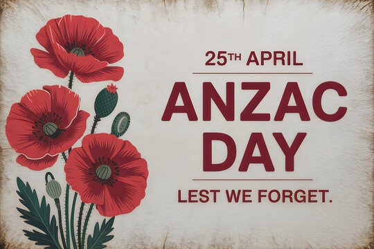 Red poppies and anzac day text lest we forget remembrance australia