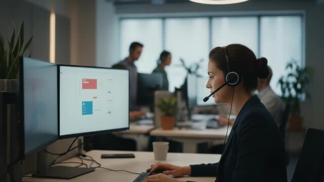 Medium shot of a reseller support agent interacting with a voice communication headset actively managing dispatch orders with blurred screens and coworkers behind.
