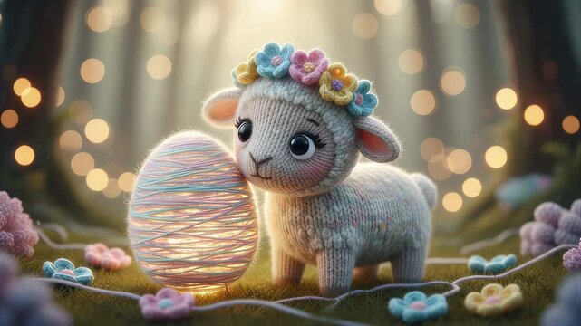Cute knitted lamb in flower headband finding illuminated thread-wrapped egg on grass with bokeh lights, easter concept.