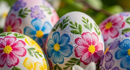 Fototapeta premium easter egg seamless pattern, colorful decorated eggs with floral and geometric ornaments scattered across a soft pastel background, playful spring aesthetic, hand painted illustration style, 