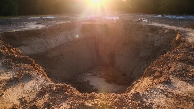 燃えるような太陽と強い陽炎の下にある建設現場の巨大な掘削坑