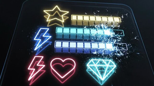 Dynamic digital interface showcasing progress bars filling up alongside vibrant neon icons representing achievement and unlocked rewards in a modern gaming or app experience