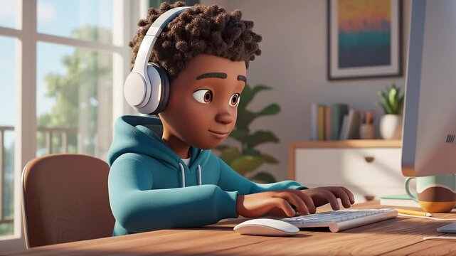 Young animated character in headphones focused on a computer, typing from a modern home office, symbolizing digital learning, remote education, and skill development