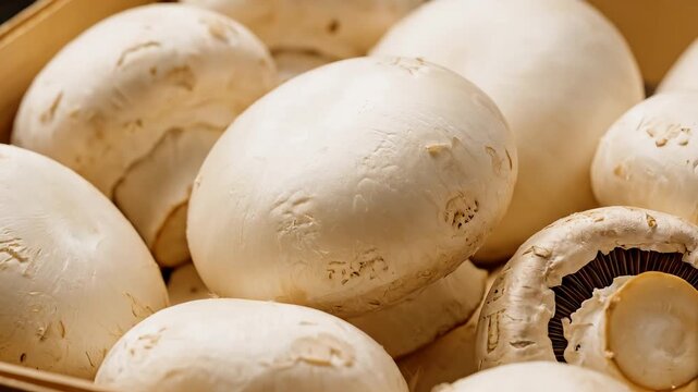 A close-up shot of a basket filled with fresh, white button mushrooms, showcasing their smooth caps and gills.