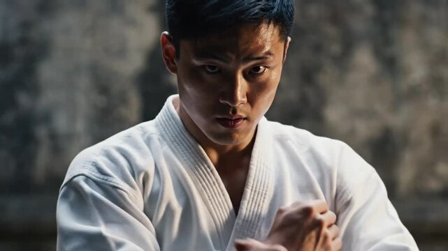 Martial Arts Master Poses in White Uniform.