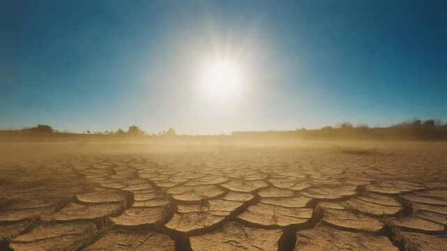 快晴の空の下、ひび割れた乾燥した大地に降り注ぐ厳しい太陽光線と舞う土埃