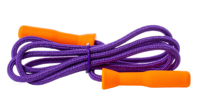 Isolated new purple jump rope with orange handles for exercise and fitness activities
