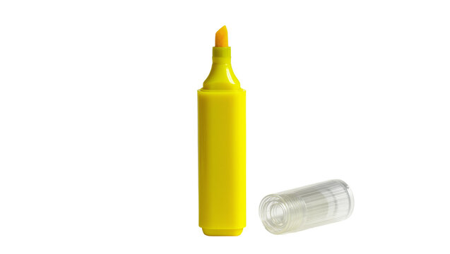 Isolated yellow highlighter pen with cap off, essential stationery item for office and school