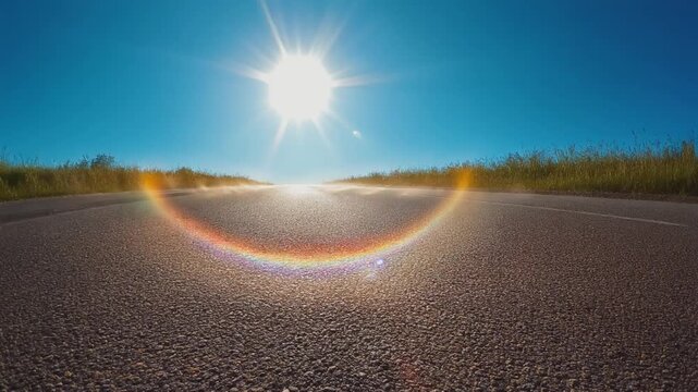 厳しい夏の日差しの下で熱を帯びて輝き陽炎が立つ無人のアスファルト道路のローアングル映像