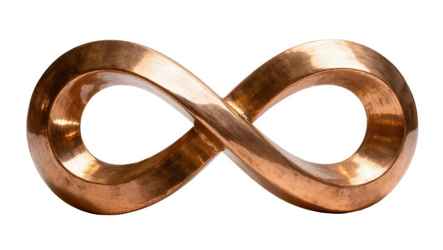 Isolated gleaming copper infinity symbol abstract sculpture representing eternity.