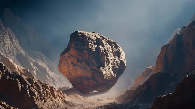 Asteroid redirect mission concept, spacecraft grappling simulated rock fragment in laboratory demonstration, robotic arm mechanism detail, planetary defense strategy documentation nearby, perfect