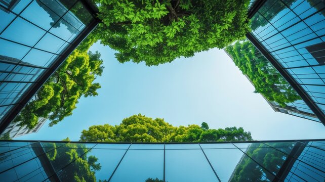 A stunning view looking up through glass buildings, framed by vibrant green trees and a clear blue sky.