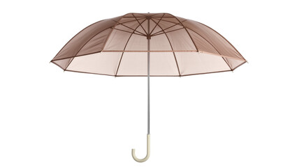 Isolated open umbrella with beige translucent fabric panels and stylish curved handle design © Hannah
