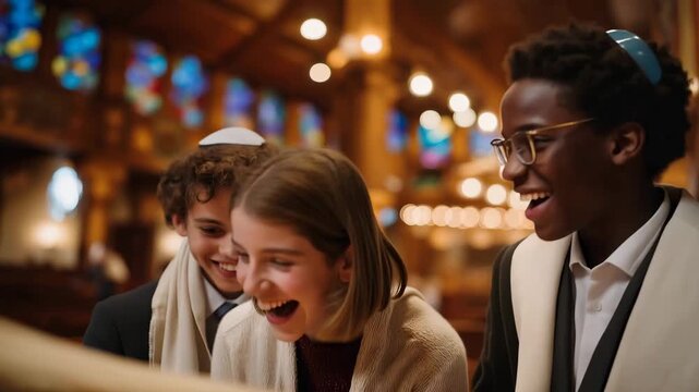 Biracial twins celebrating their bat mitzvah reading from Torah scroll in reformed synagogue, proud parents and rabbi watching ceremony, stained glass windows casting colored light, perfect for