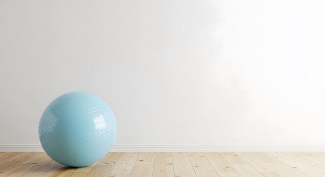 A single light blue exercise ball placed on a light wooden floor against a plain white wall back