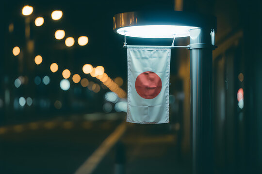 A hanging flag of japan illuminated by a modern street lamp on a quiet city road at night time