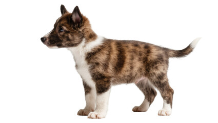Obraz premium Isolated adorable brindle and white puppy standing alertly, gazing curiously forward, side view