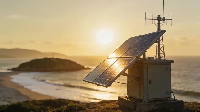 Small solar relay station highlighted against a softly blurred coastal island backdrop demonstrating renewable energy supporting isolated communication hubs.