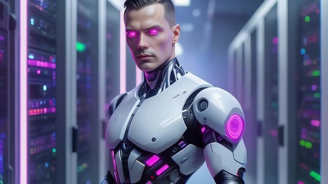 Humanoid android with glowing eyes standing inside futuristic data center corridor showing artificial intelligence and server technology